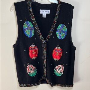 1990’s Size Medium V Neck Christmas Sweater Vest Hand Beaded Holiday Sweater
